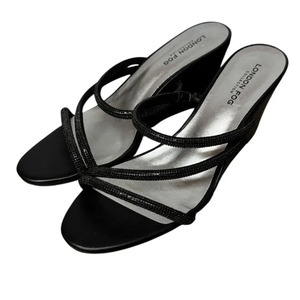 London Fog Women’s Size 7.5W Black Rhinestone Strappy Wedge Sandals